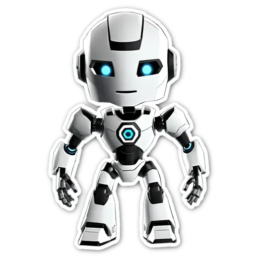 A white robot with blue eyes is standing on a black background.