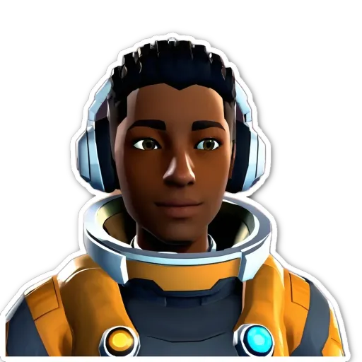 A black and orange character that is wearing a spacesuit and headphones.