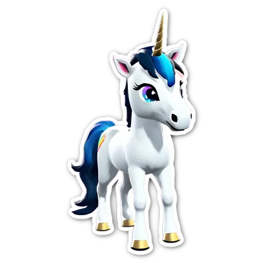 A white unicorn with blue eyes and blue feet standing on a black background.