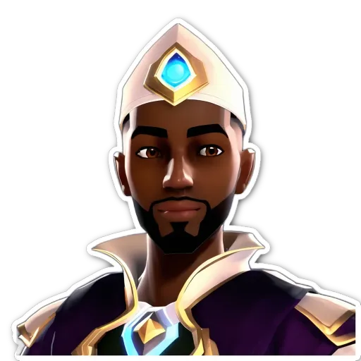 A black and gold cartoon character with a blue crown on his head.