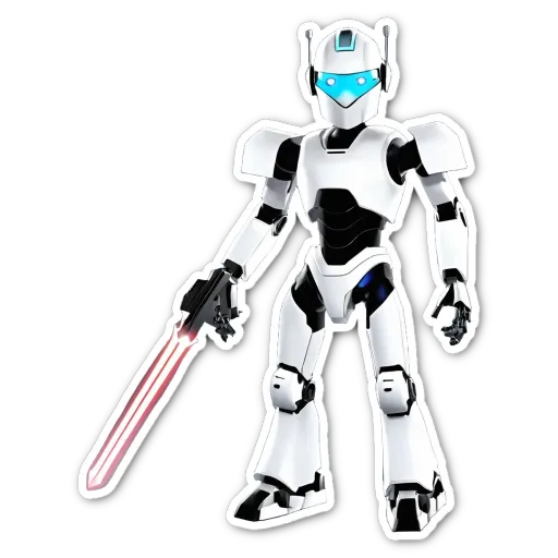 A white robot holding a sword in a black background.