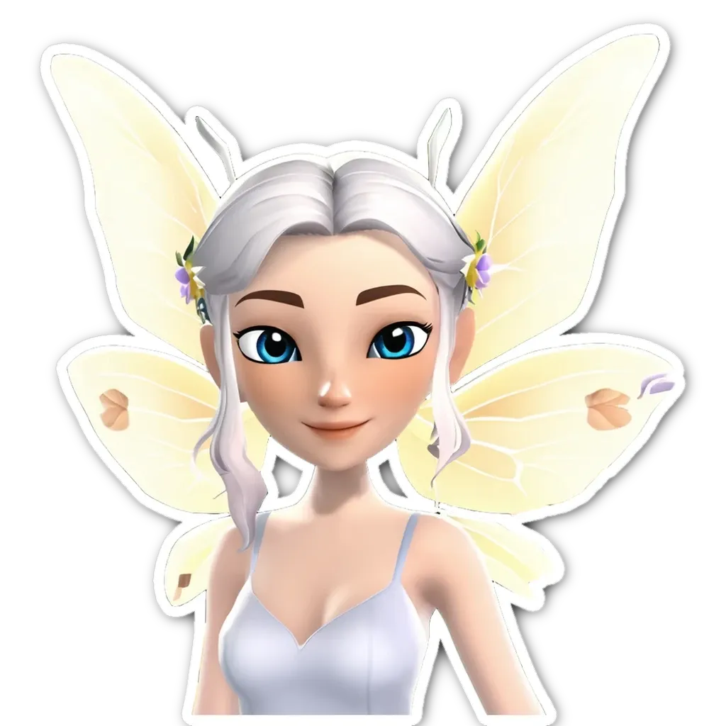 A sticker of a girl with white hair and butterfly wings.