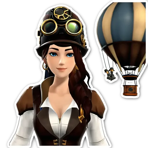 A woman in a steampunk style is standing next to a hot air balloon.