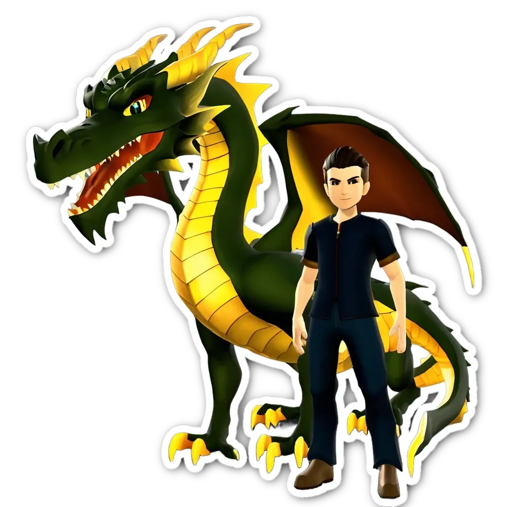 A sticker of a man next to a green dragon.