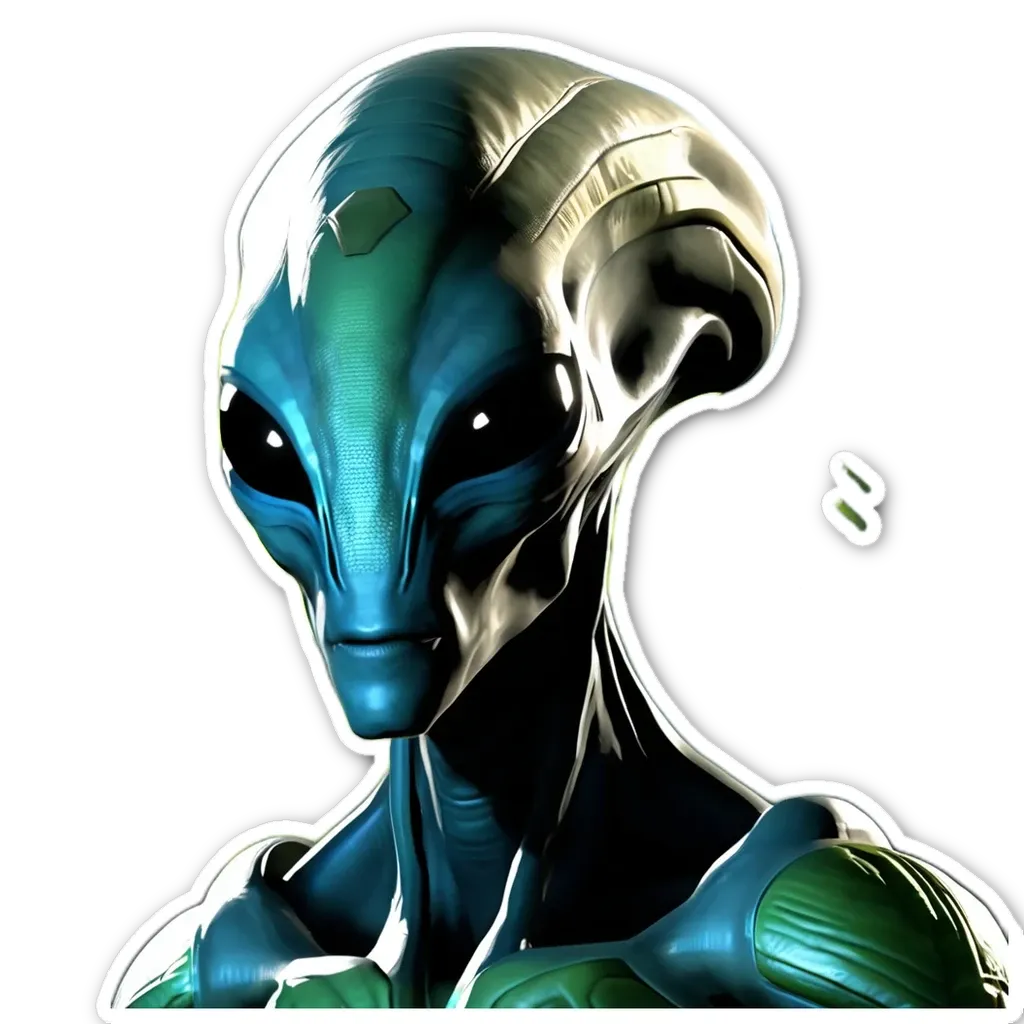 A sticker of an alien face that is green and blue.