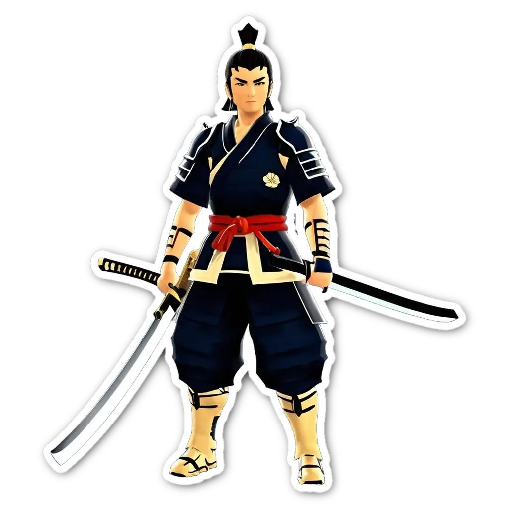 A man holding two swords is standing in front of a black background.