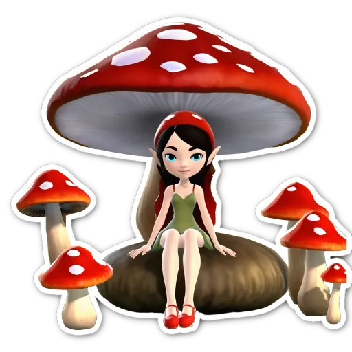 A sticker of a elf and mushrooms that is green and red.