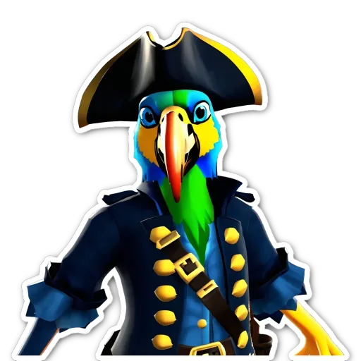 A colorful bird is wearing a pirate's hat and jacket.