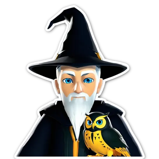 A cartoon of a wizard with an owl is on a black background.