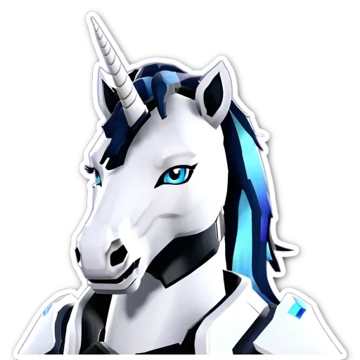 A white unicorn with blue eyes is looking straight at the camera.