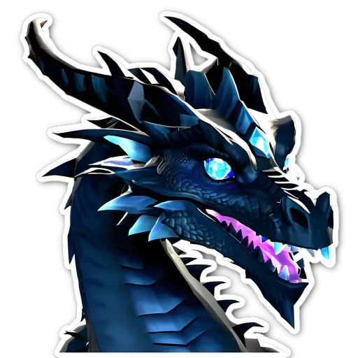 A sticker of a blue dragon with blue eyes.