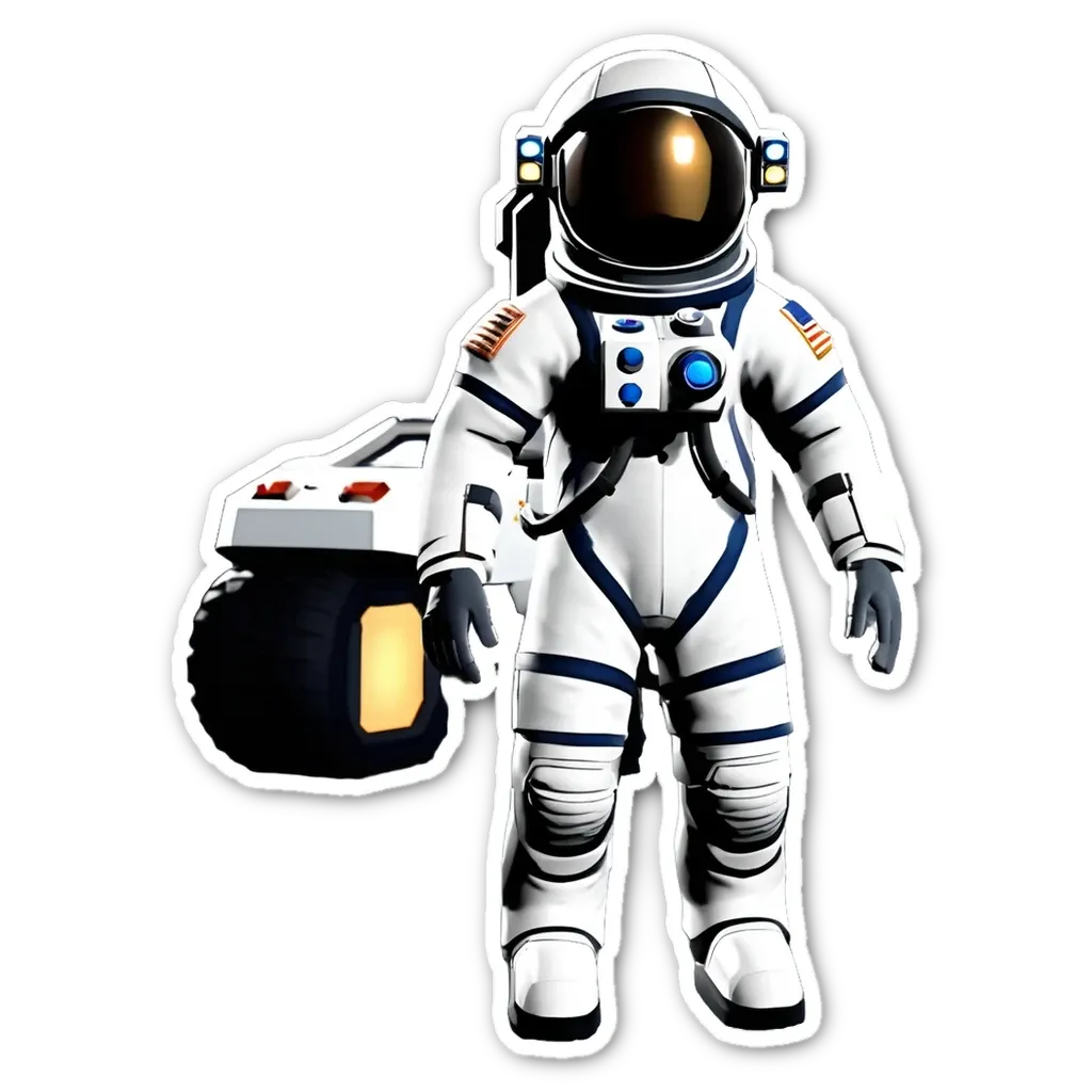 A space suit with an American flag on the back is holding a robot.