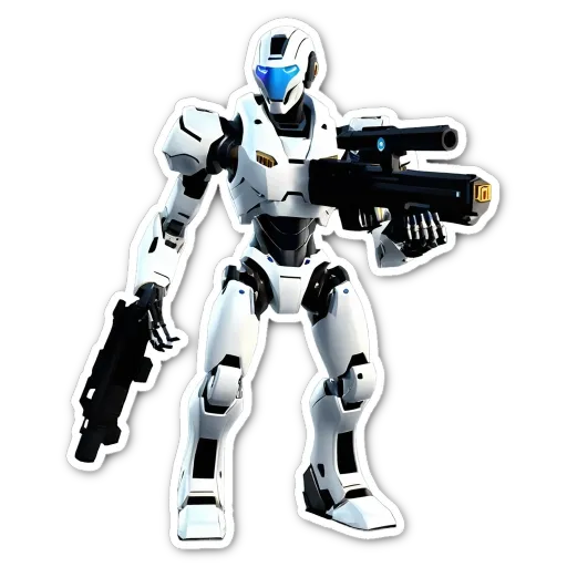 A white robot with blue eyes stands in front of a black background.