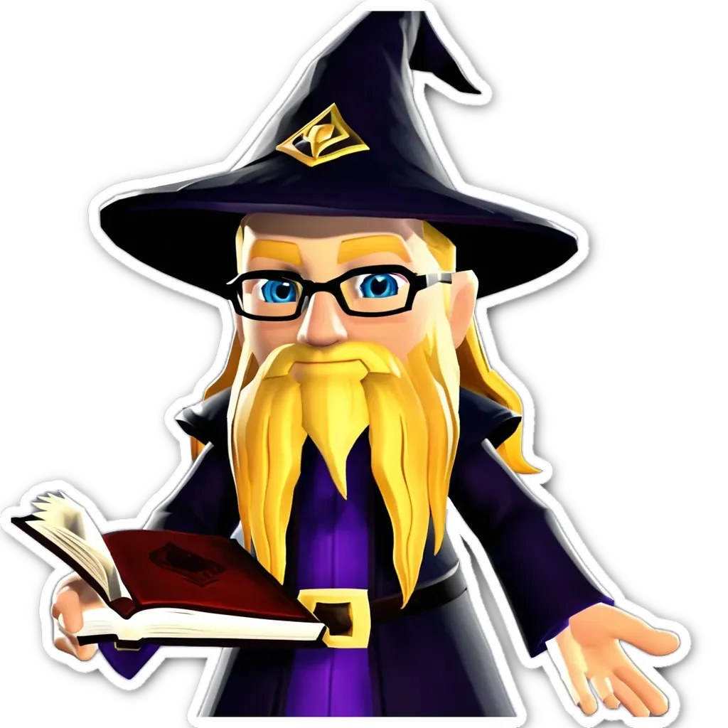 A cartoon of a wizard with a book holding in his hand.