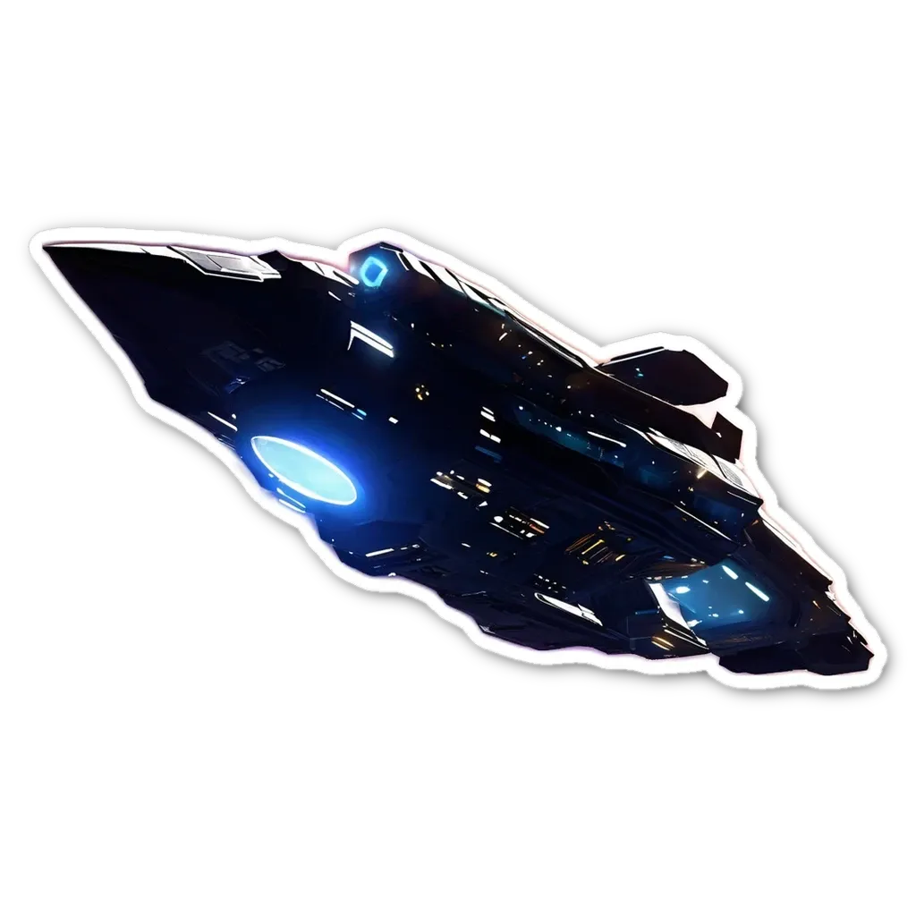 A sticker of a ship in space that is black and white.