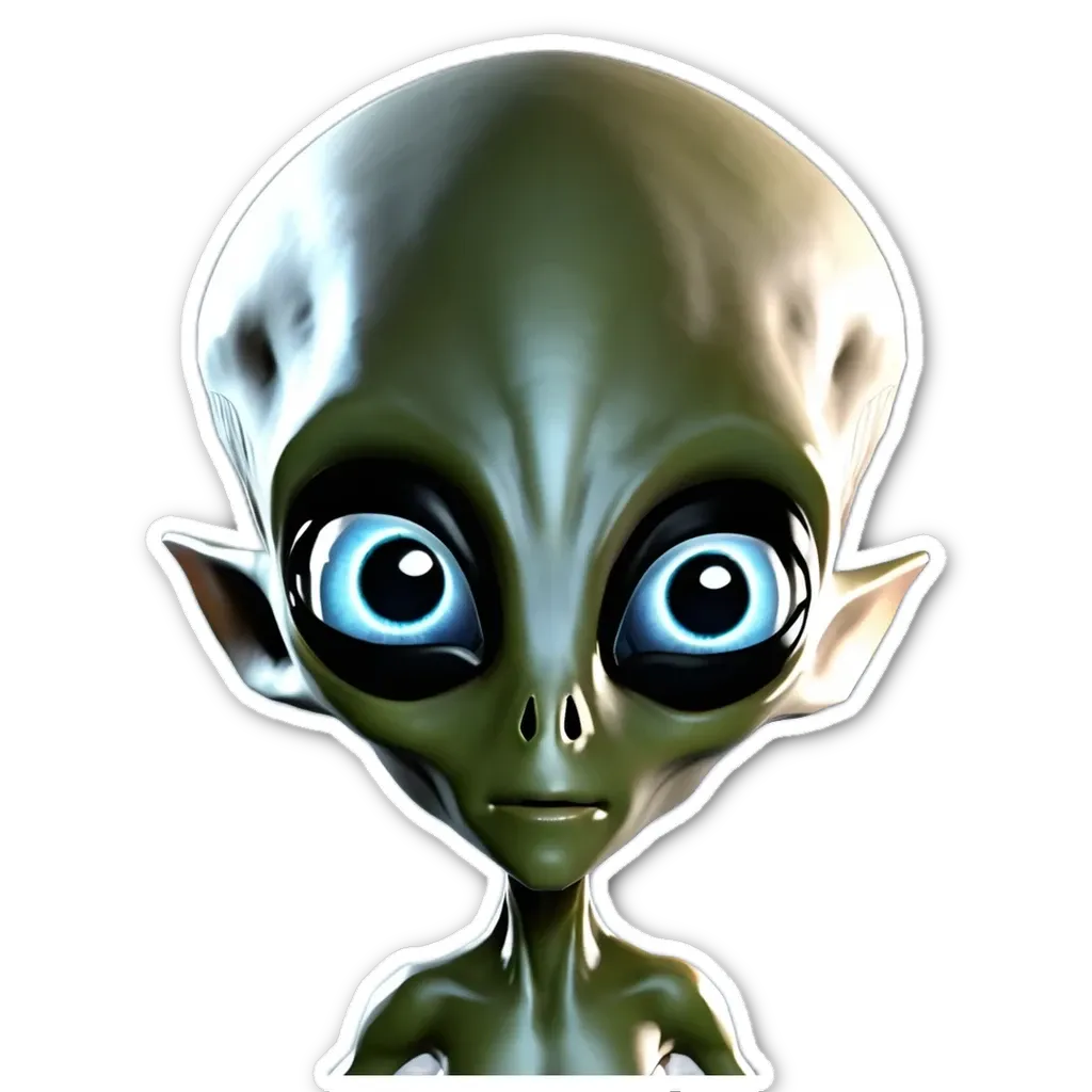 An alien looking at the camera with green eyes.