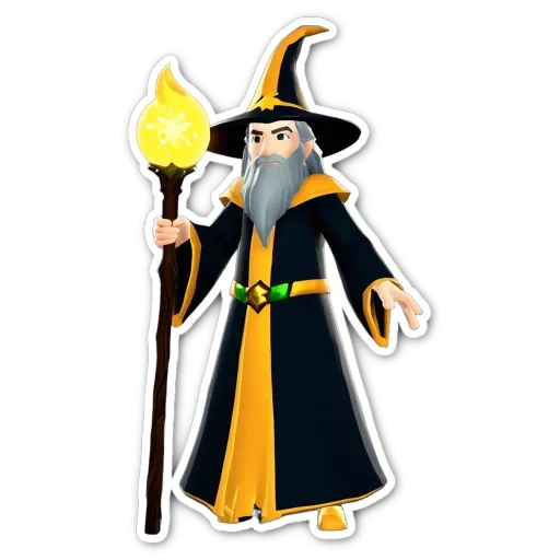 A cartoon drawing of a wizard with a staff.