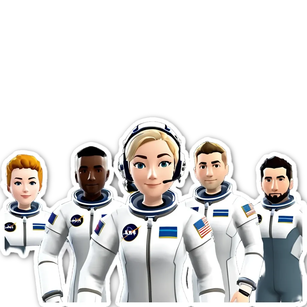 Five people in space suits standing next to each other.