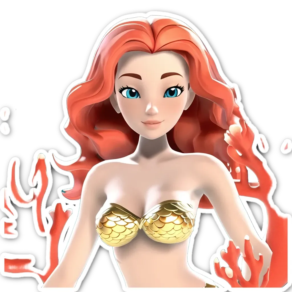 A sticker of a girl with red hair in a gold bikini.