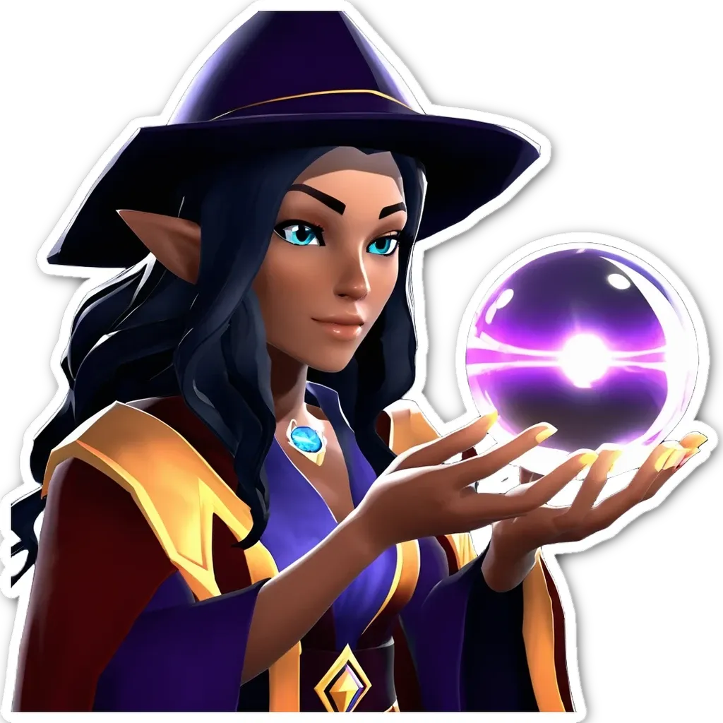 A woman with a crystal ball is wearing a pointy hat.