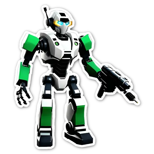 A green and white robot with an exoskeleton.