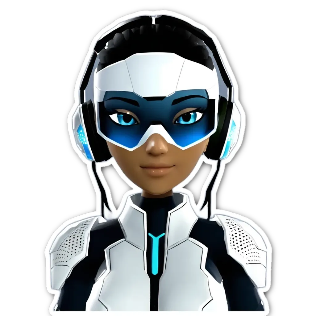 A sticker of a girl with headphones and a white and blue mask.