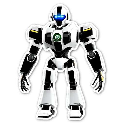 A robot that is white and black with a blue face.