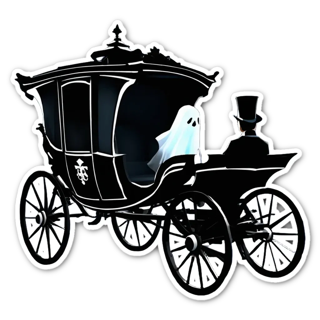 A sticker of a bride and groom riding in a carriage with a ghost.