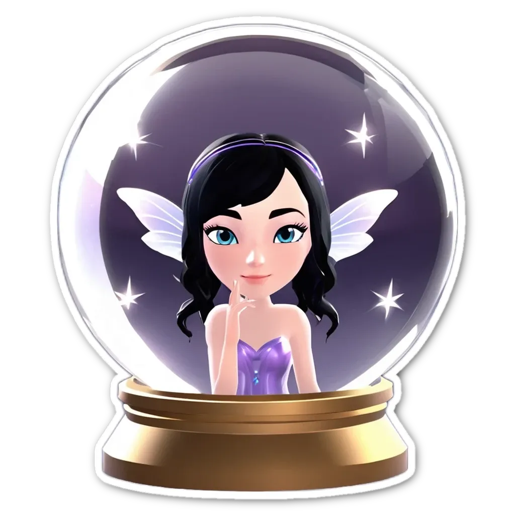 A sticker of a fairy in a glass with a question mark.