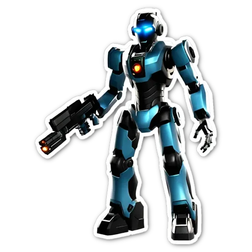 A blue and black robot with an orange circle for a head holds a gun.