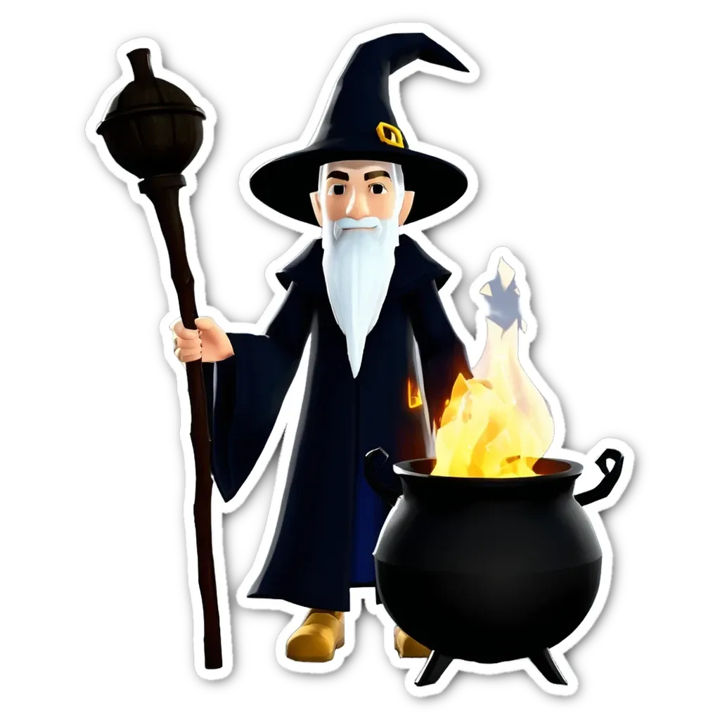 A cartoon of a wizard with a staff and a pot.