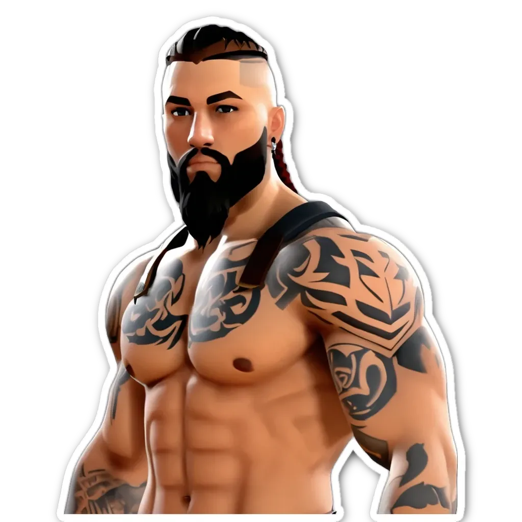 A man with a beard and no shirt, the picture looks like a tattooed man.