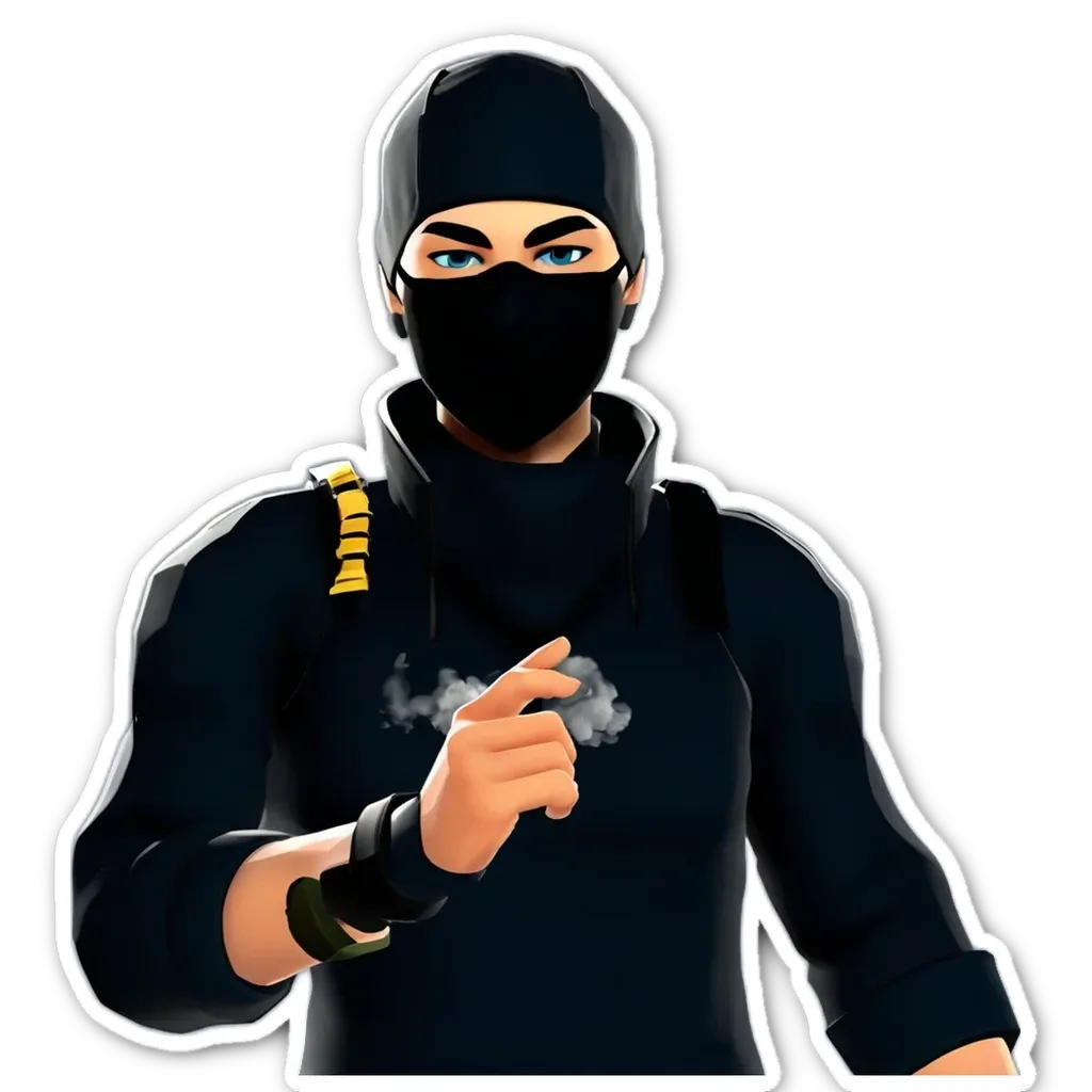 A sticker of a black character that is wearing a black jacket and a mask.