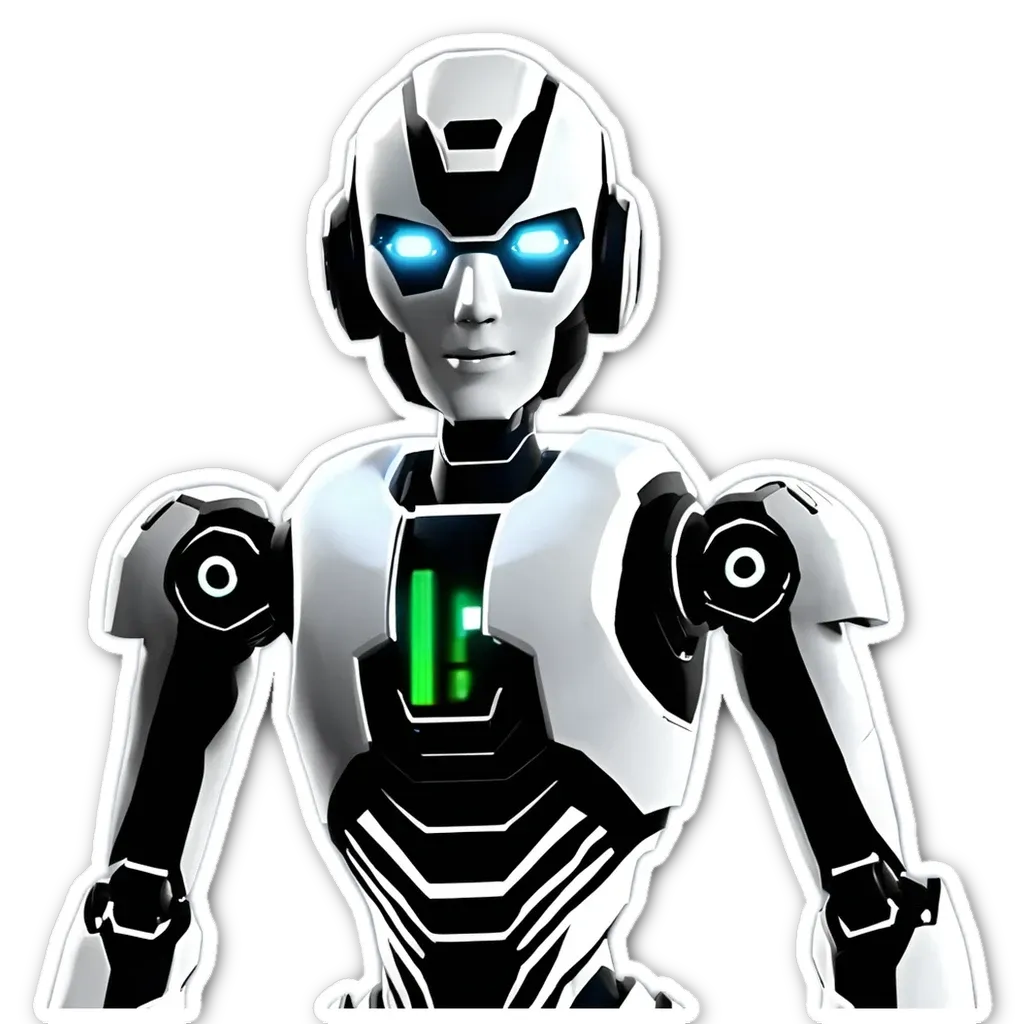 A white and black robot with green eyes is standing on a black background.