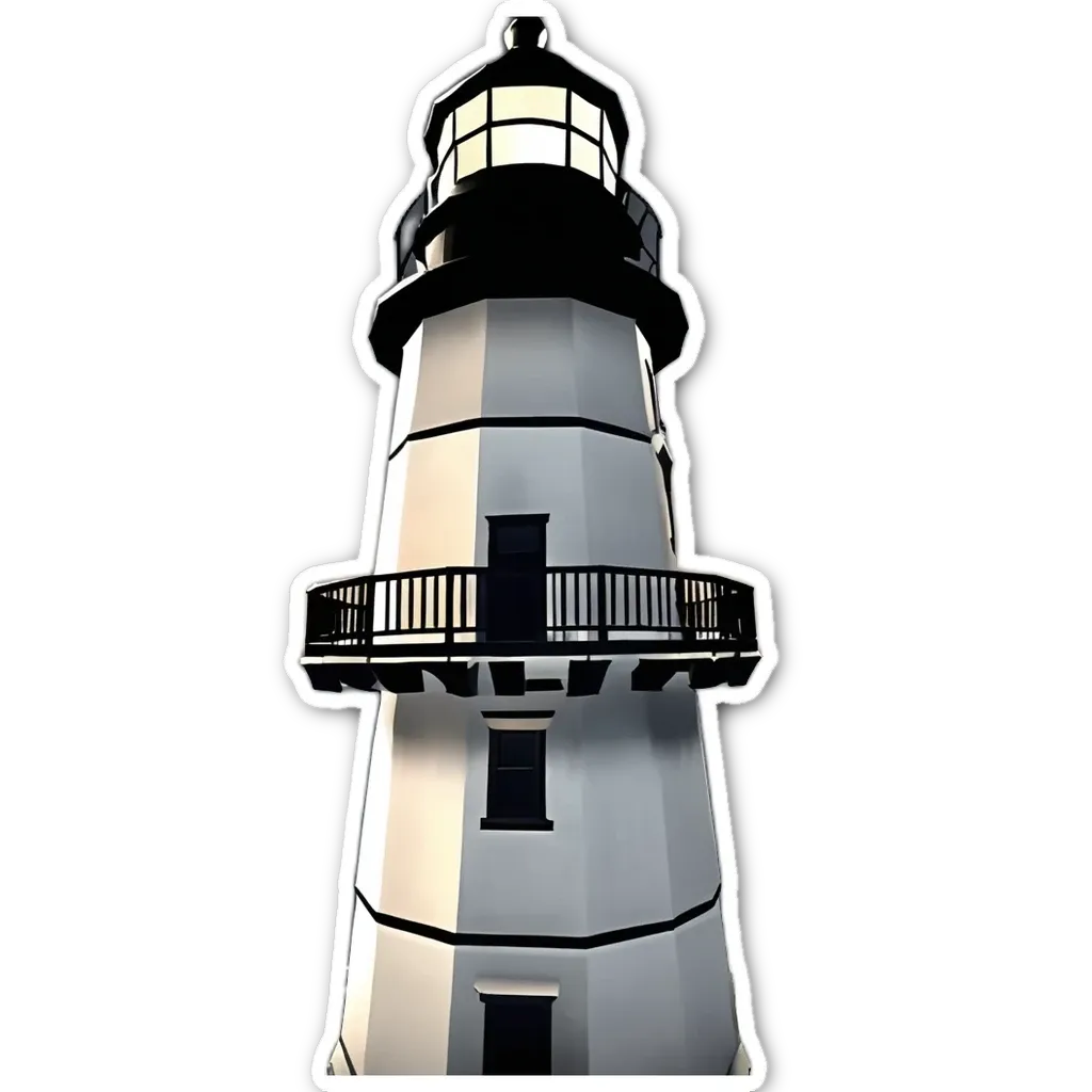 A large white lighthouse on a black and white background.