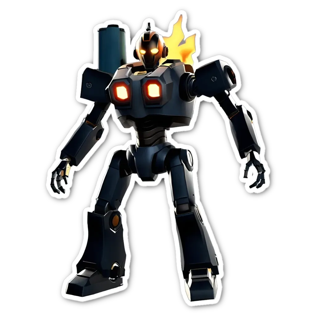 A black and blue robot with red eyes is standing up.