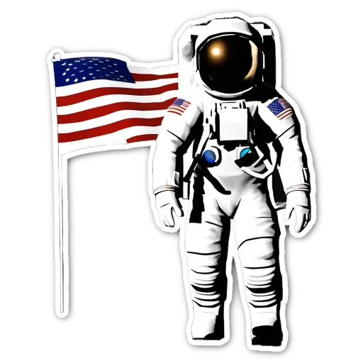 A space man in a uniform with the flag of the usa behind him.