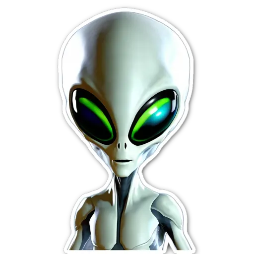 An alien looking up with green eyes is staring at the camera.