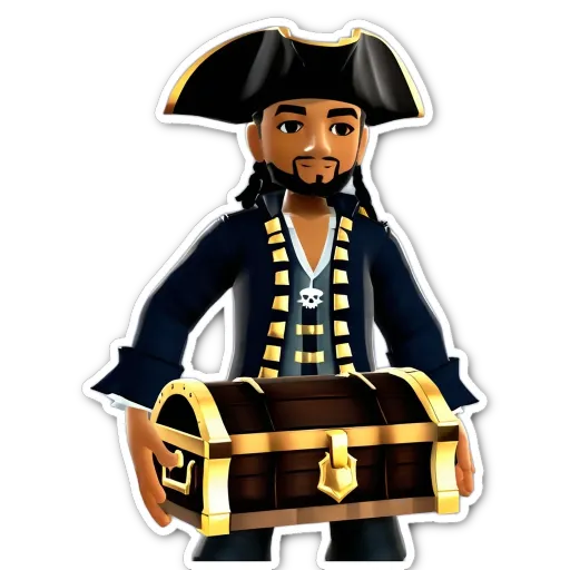 A boy in a pirate costume holding a chest.