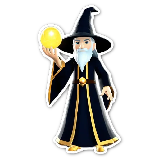 An old man with a wand is holding a gold ball.