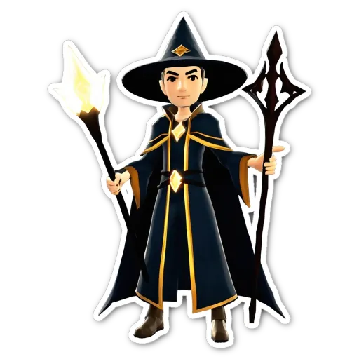 A man in a wizard costume with a wand is standing on a black background.