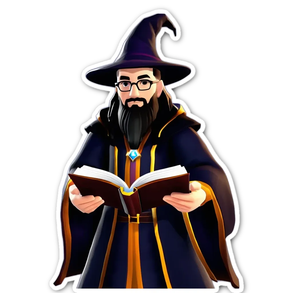 A man in a wizard costume reading a book.