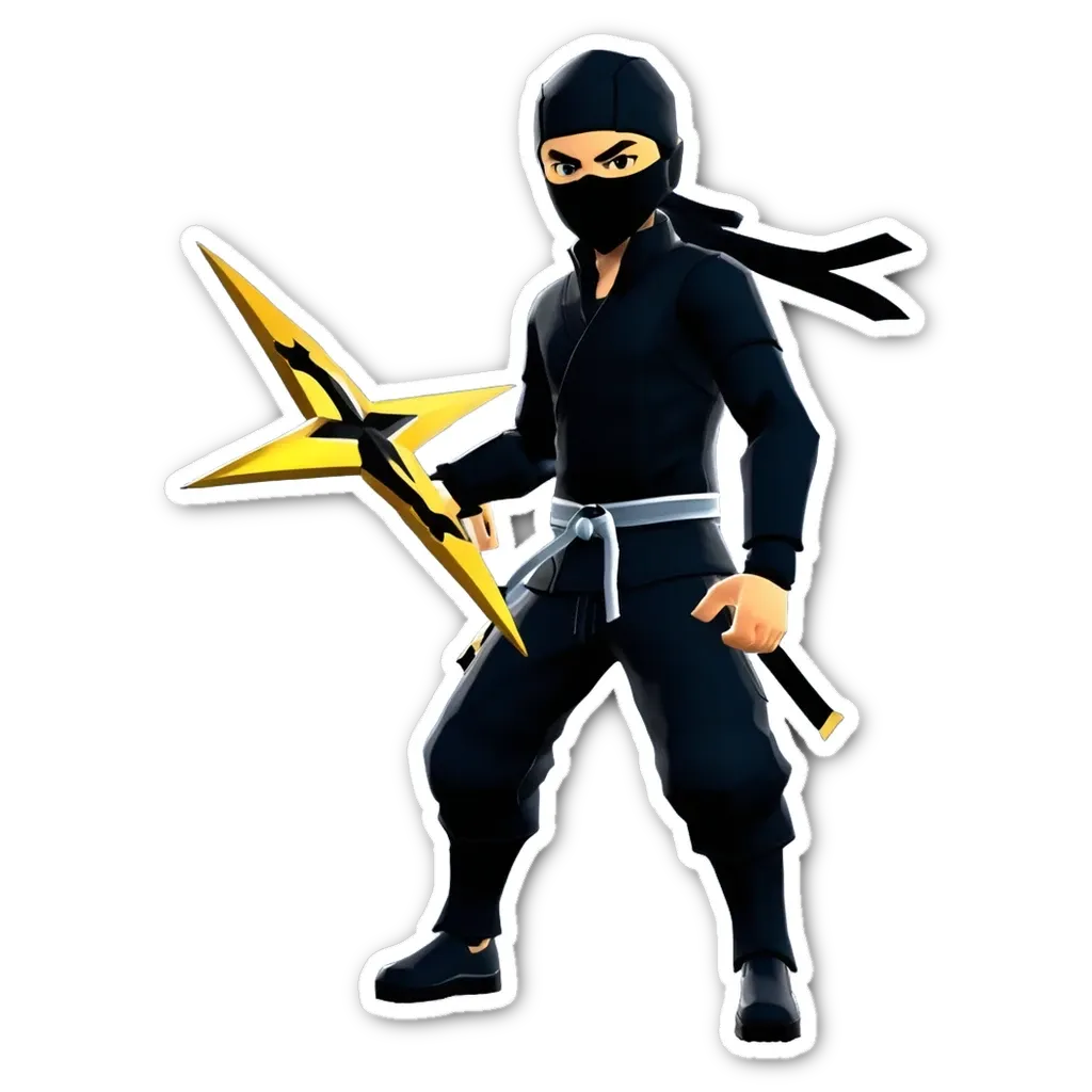 A sticker of a black ninja with yellow stars and a yellow sword.