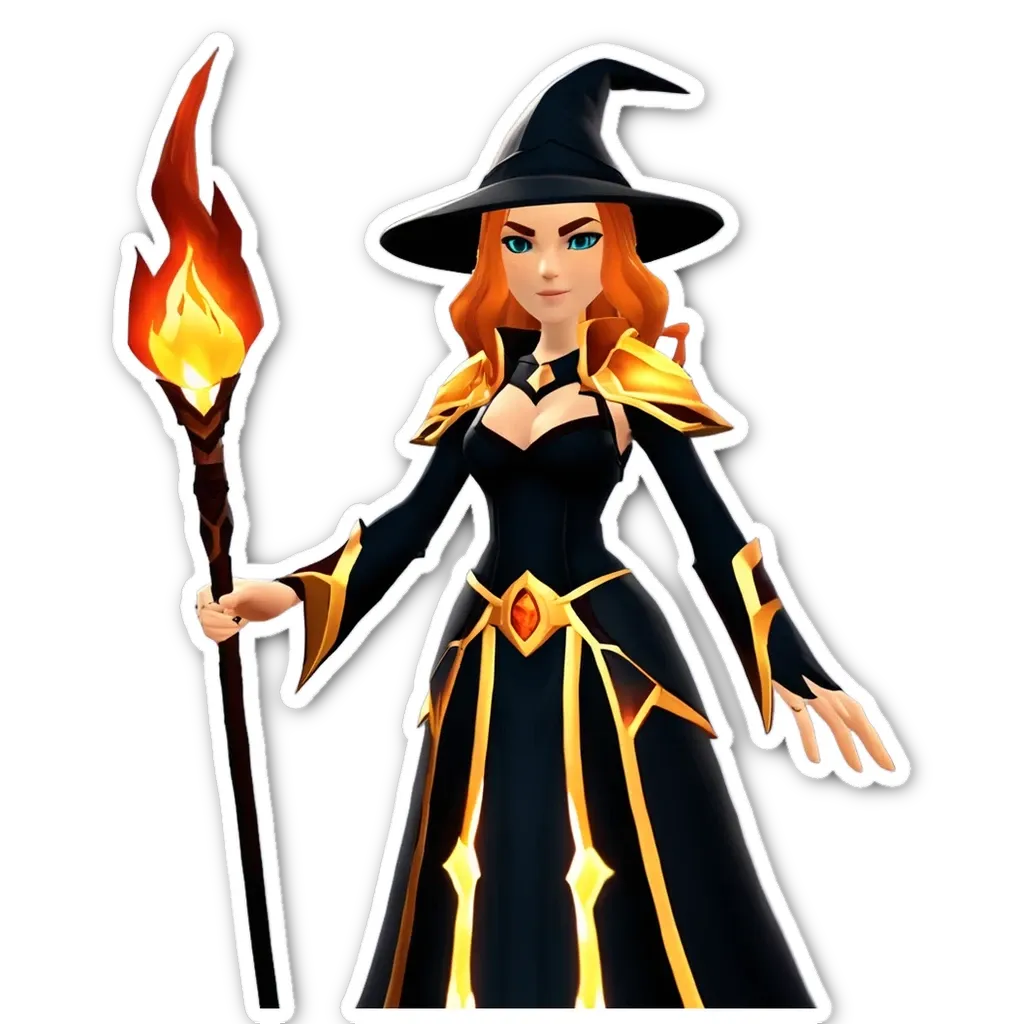 A woman in a black dress with a staff or wand in her right hand.