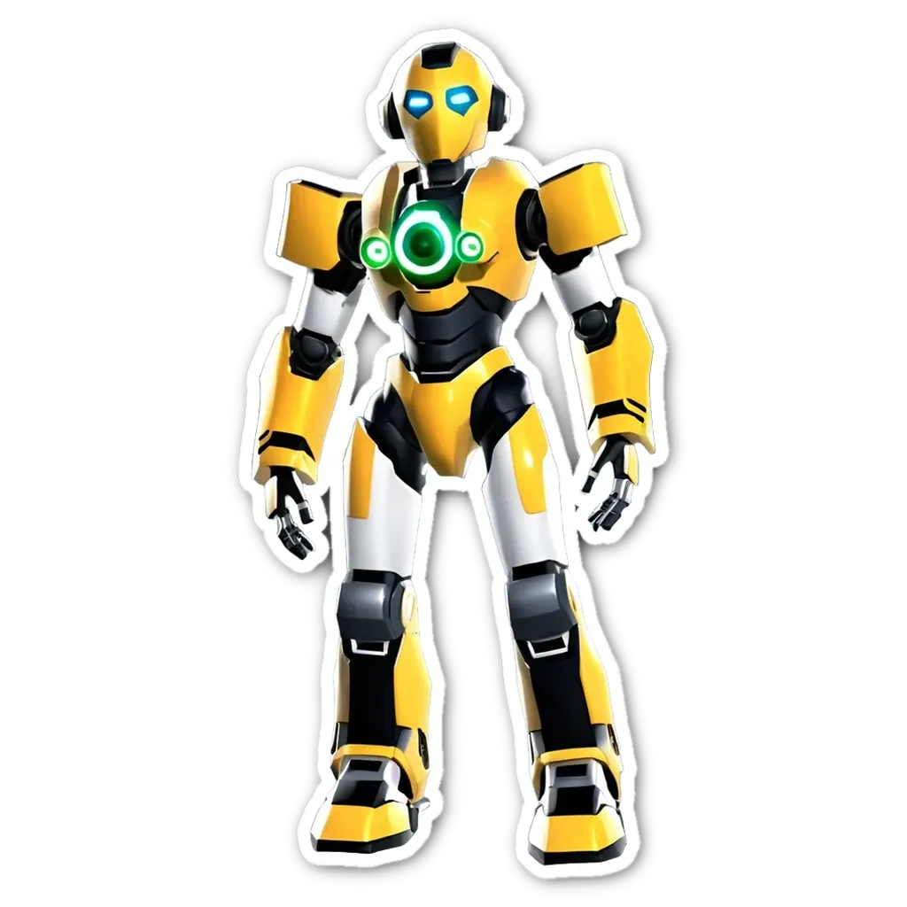 A robot that is yellow and white with green circles on it.