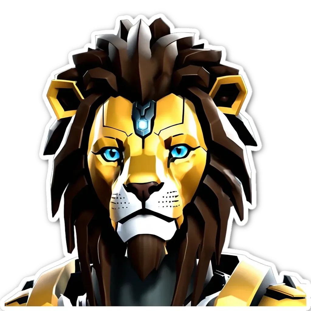 A lion with blue eyes is standing on a black background.