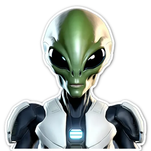 A green and white alien with blue eyes is standing up.