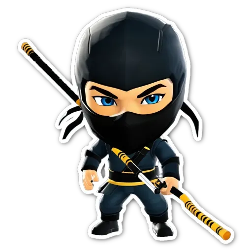 A sticker of a black ninja with a yellow stick in his right hand.