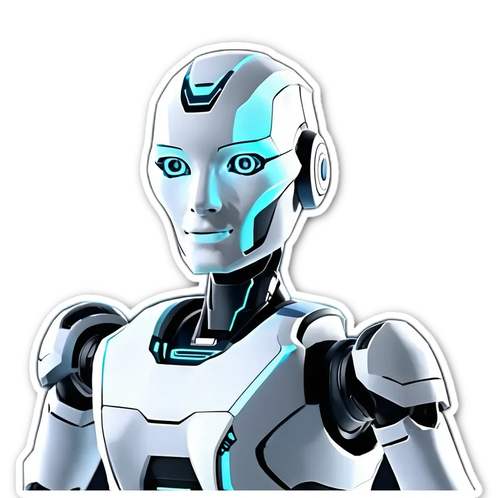 A robot with blue eyes is standing up straight.