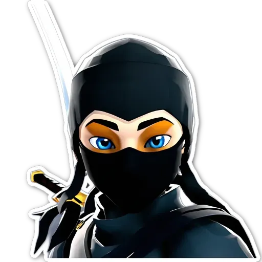 A sticker of a black ninja with a blue eye mask and a sword.